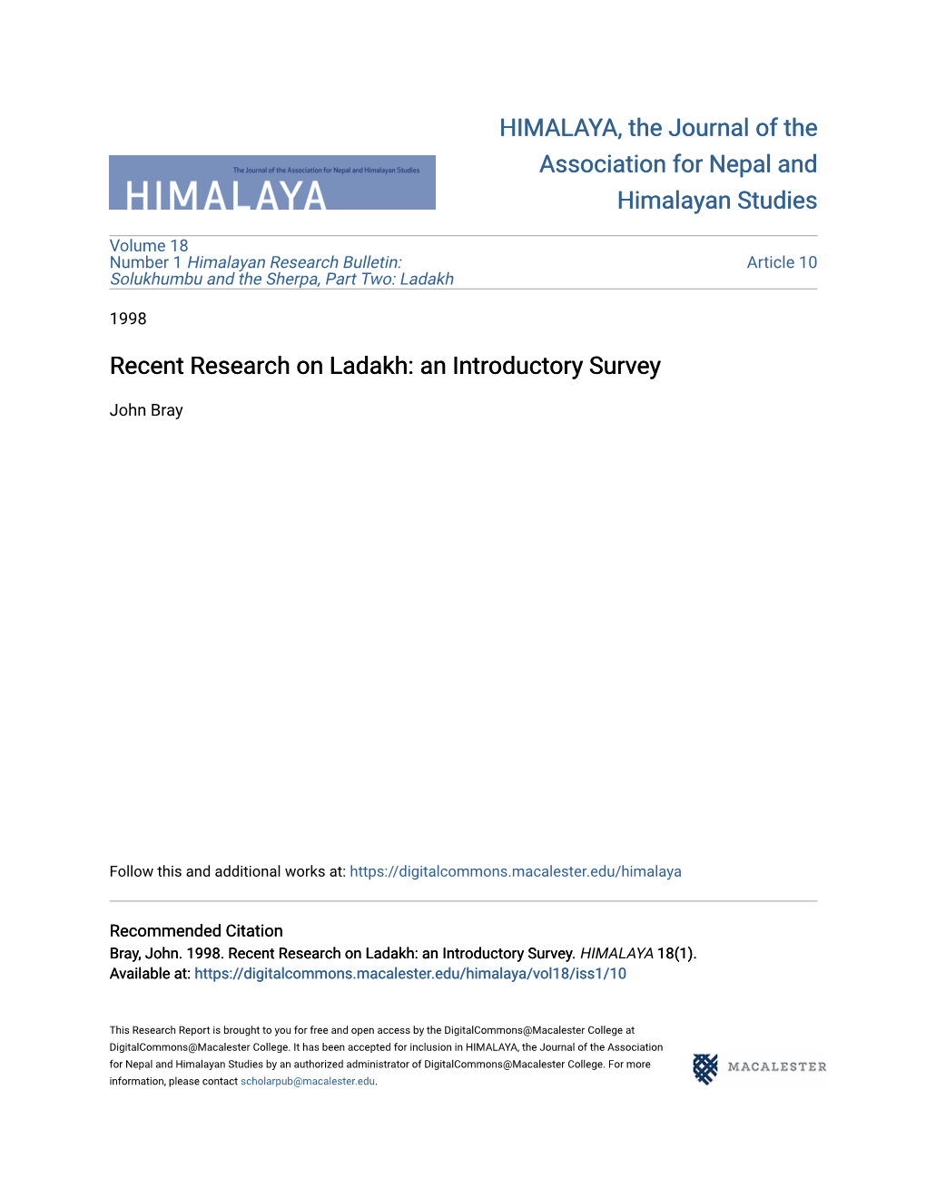 Recent Research on Ladakh: an Introductory Survey