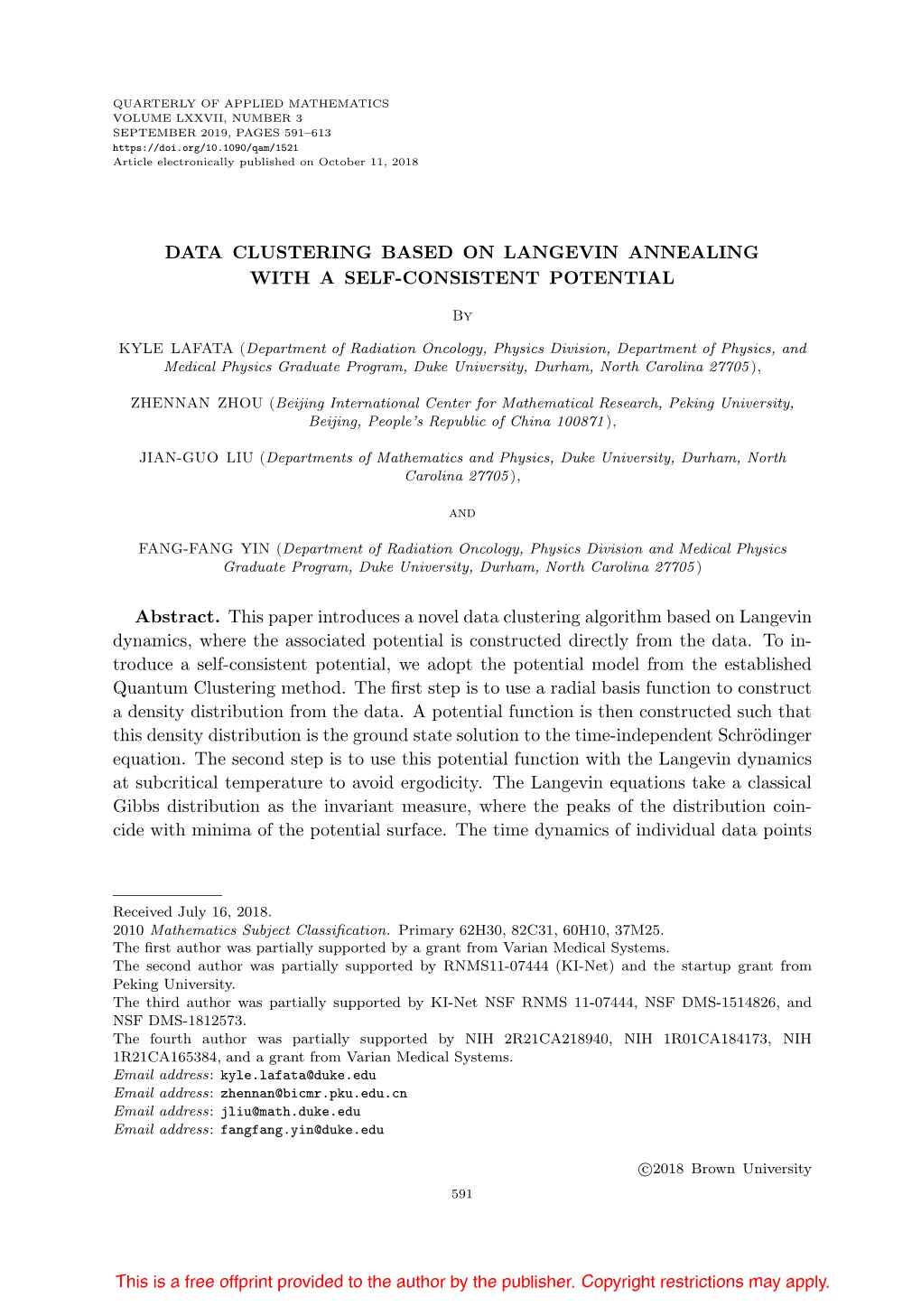 Data Clustering Based on Langevin Annealing with a Self-Consistent Potential