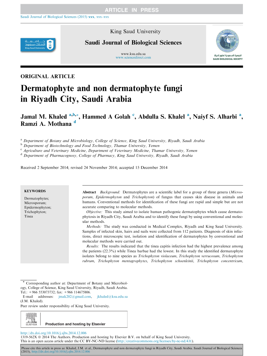 Dermatophyte and Non Dermatophyte Fungi in Riyadh City, Saudi Arabia