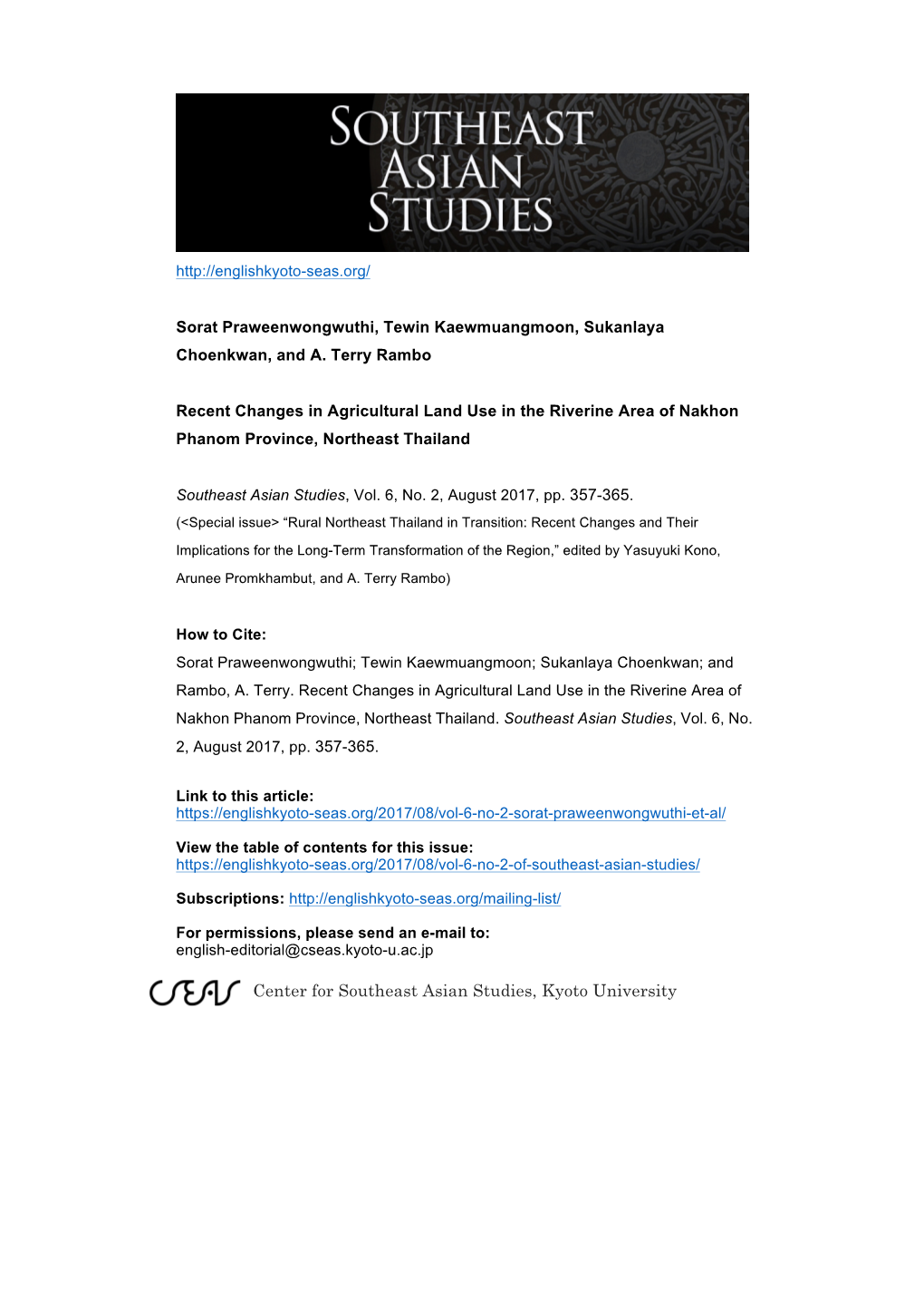 Center for Southeast Asian Studies, Kyoto University Recent Changes in Agricultural Land Use in the Riverine Area of Nakhon Phanom Province, Northeast Thailand