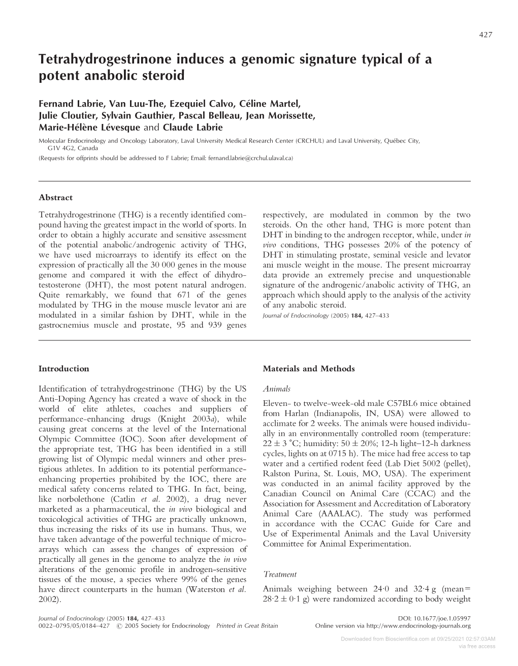 Tetrahydrogestrinone Induces a Genomic Signature Typical of a Potent Anabolic Steroid