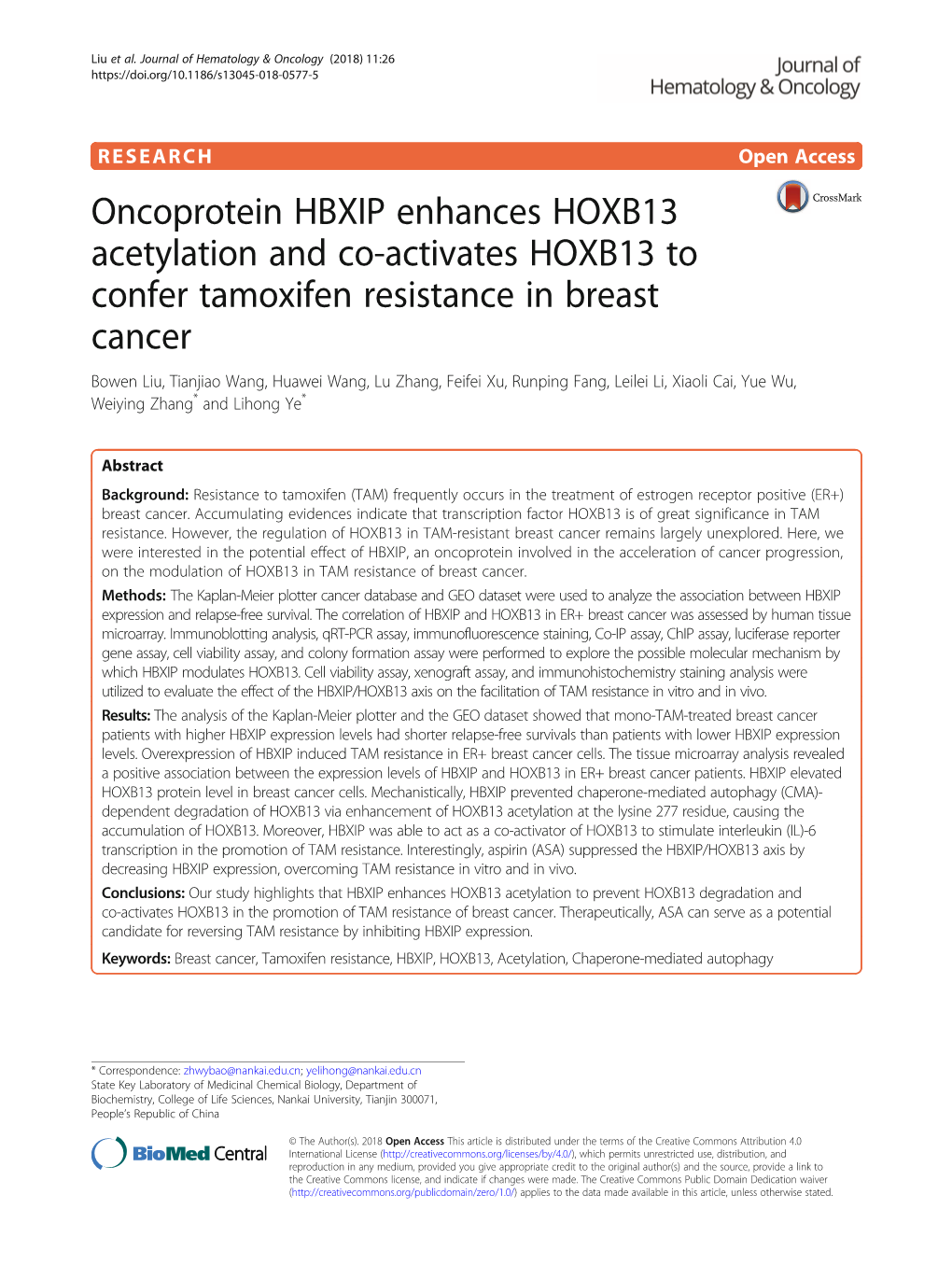 Oncoprotein HBXIP Enhances HOXB13 Acetylation and Co