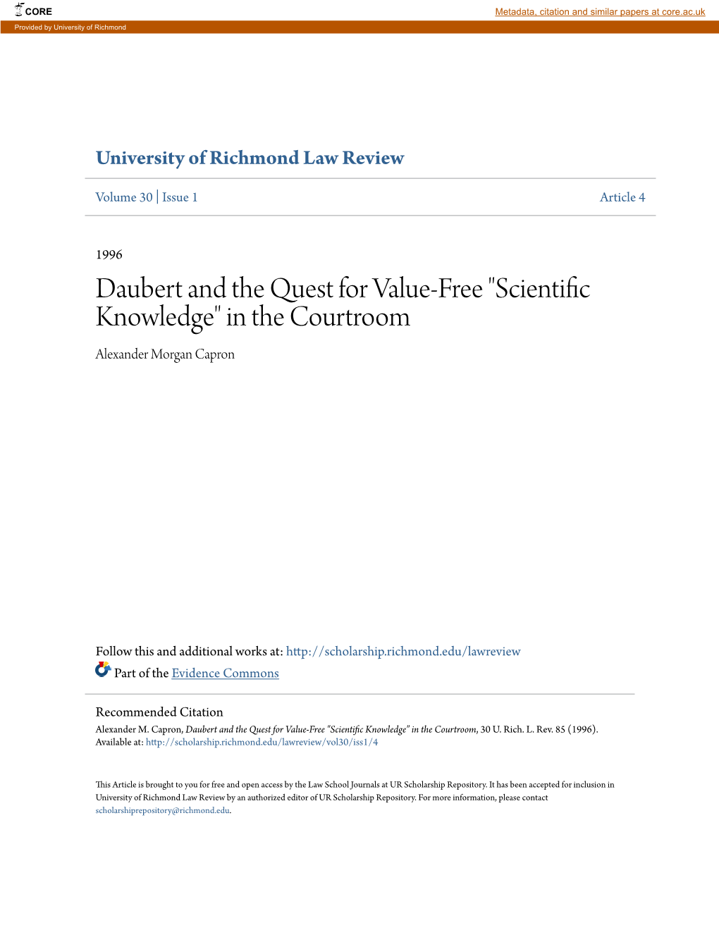 Daubert and the Quest for Value-Free "Scientific Knowledge" in the Courtroom Alexander Morgan Capron