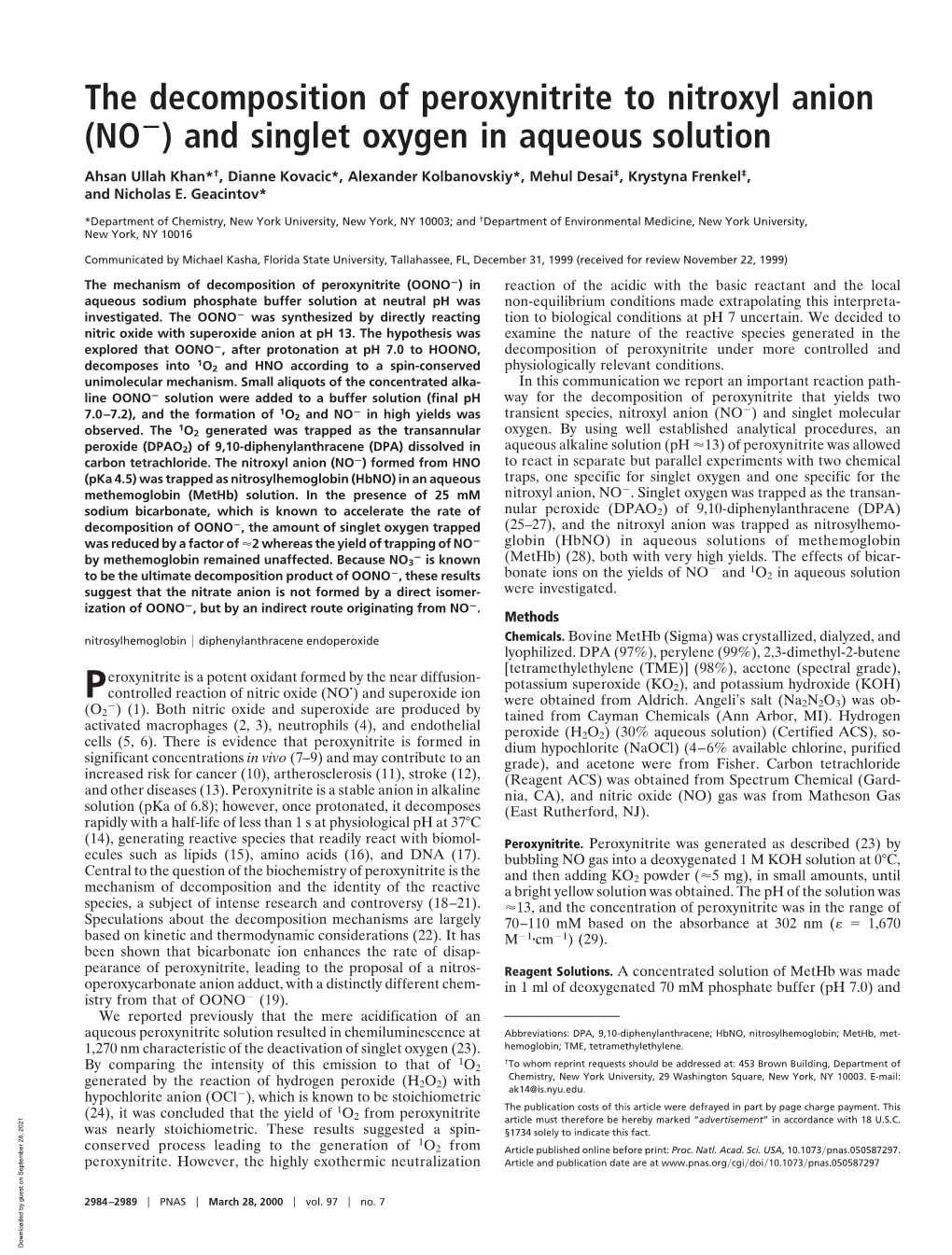 The Decomposition of Peroxynitrite to Nitroxyl Anion (NO ) and Singlet