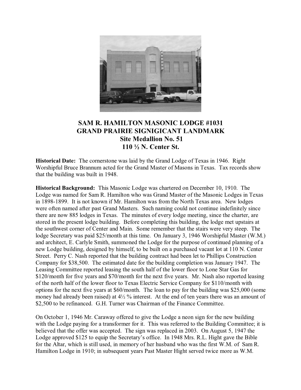 SAM R. HAMILTON MASONIC LODGE #1031 GRAND PRAIRIE SIGNIGICANT LANDMARK Site Medallion No