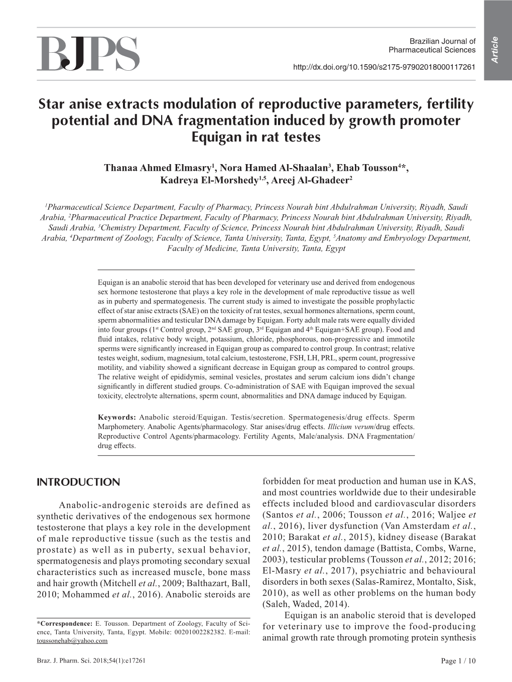 Star Anise Extracts Modulation of Reproductive Parameters, Fertility Potential and DNA Fragmentation Induced by Growth Promoter Equigan in Rat Testes