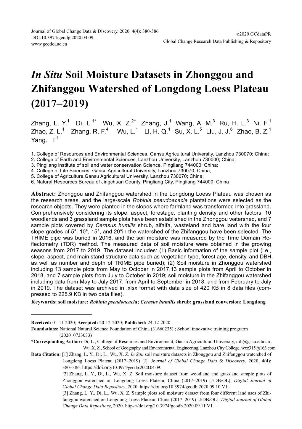 In Situ Soil Moisture Datasets in Zhonggou and Zhifanggou Watershed of Longdong Loess Plateau (20172019)
