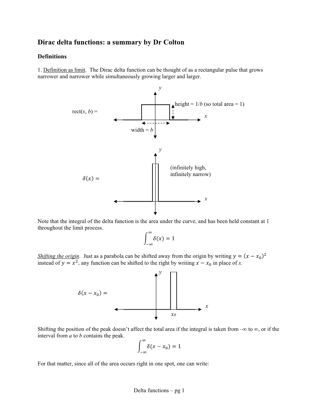 Dirac Delta Functions: a Summary by Dr Colton