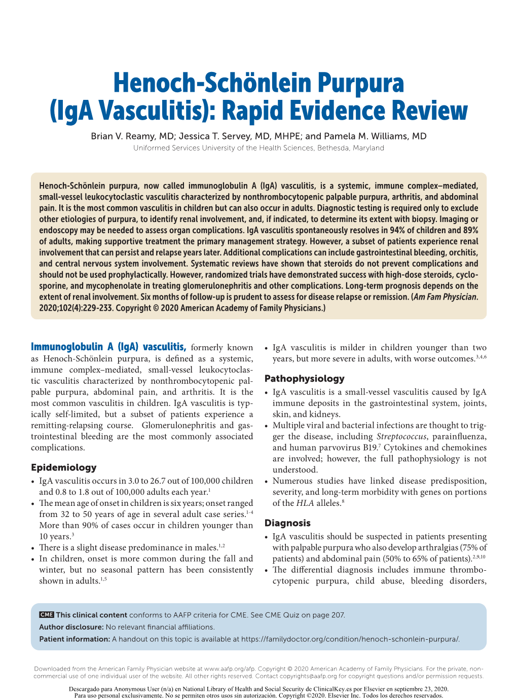 Henoch-Schönlein Purpura (Iga Vasculitis): Rapid Evidence Review