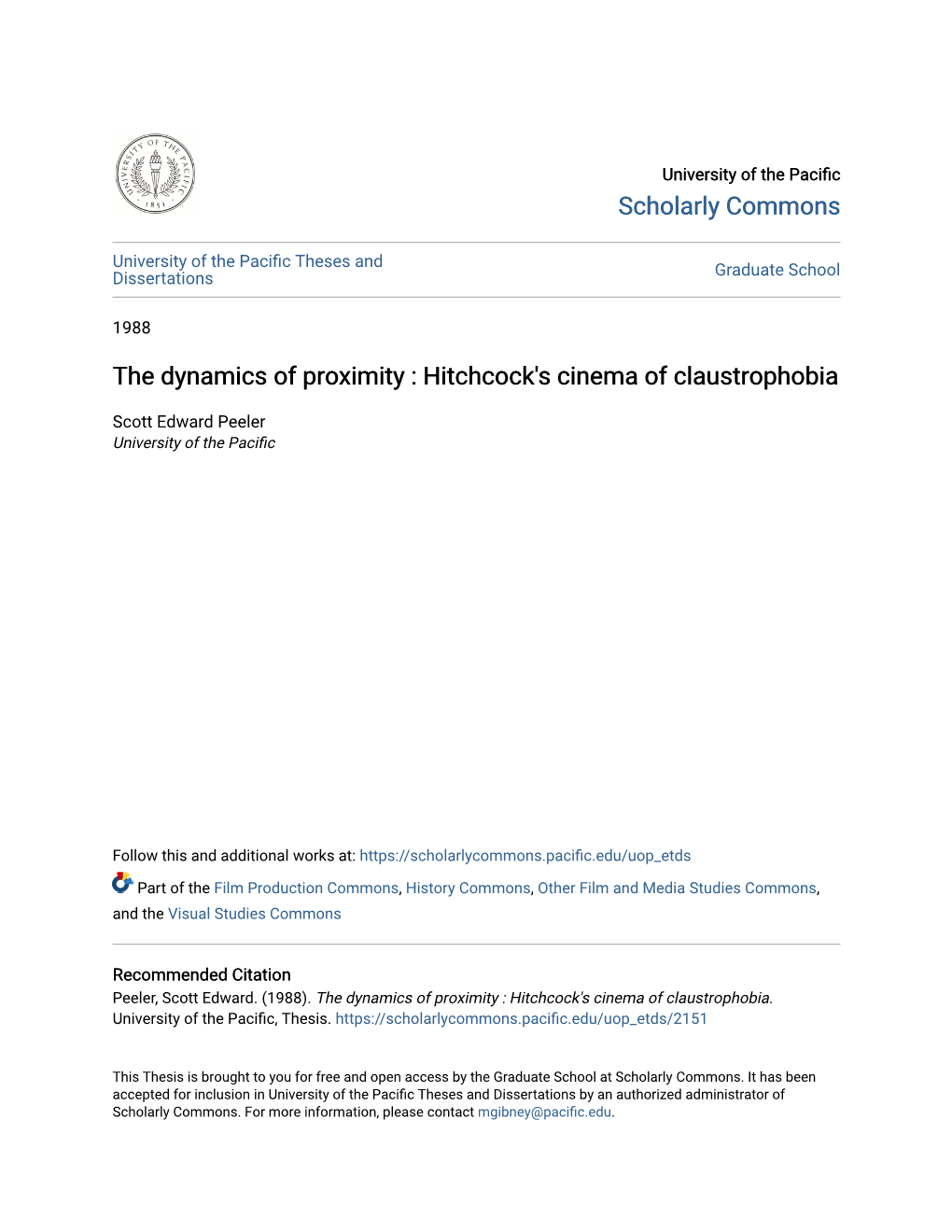 The Dynamics of Proximity : Hitchcock's Cinema of Claustrophobia