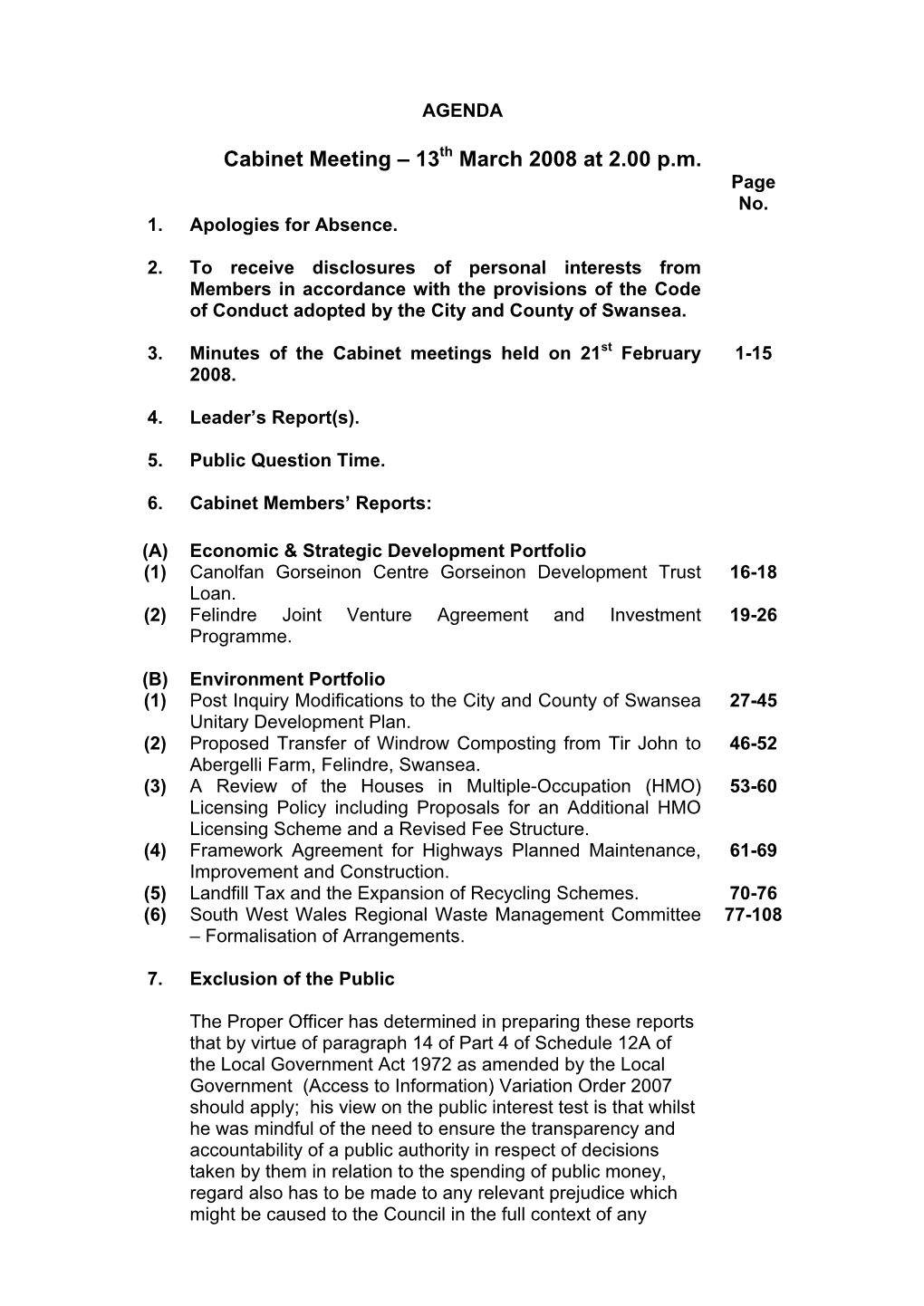 Cabinet Meeting – 13 March 2008 at 2.00 Pm