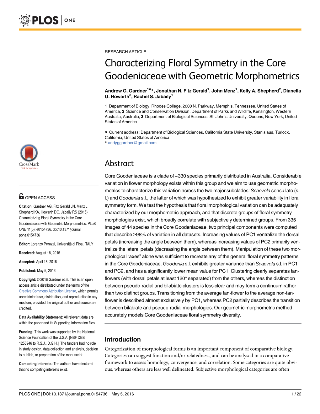 Characterizing Floral Symmetry in the Core Goodeniaceae with Geometric Morphometrics