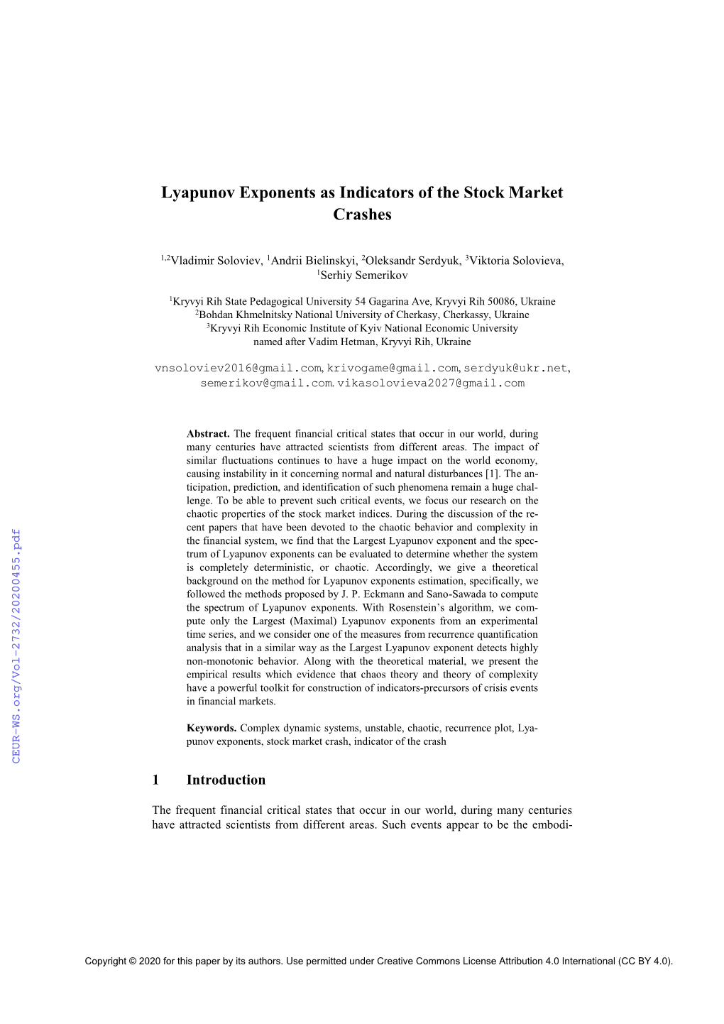 Lyapunov Exponents As Indicators of the Stock Market Crashes