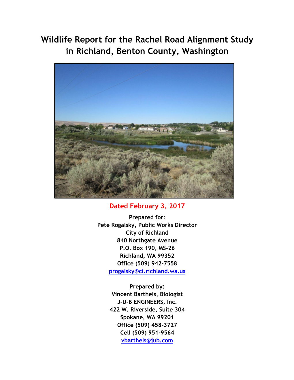 Wildlife Report for the Rachel Road Alignment Study in Richland, Benton County, Washington