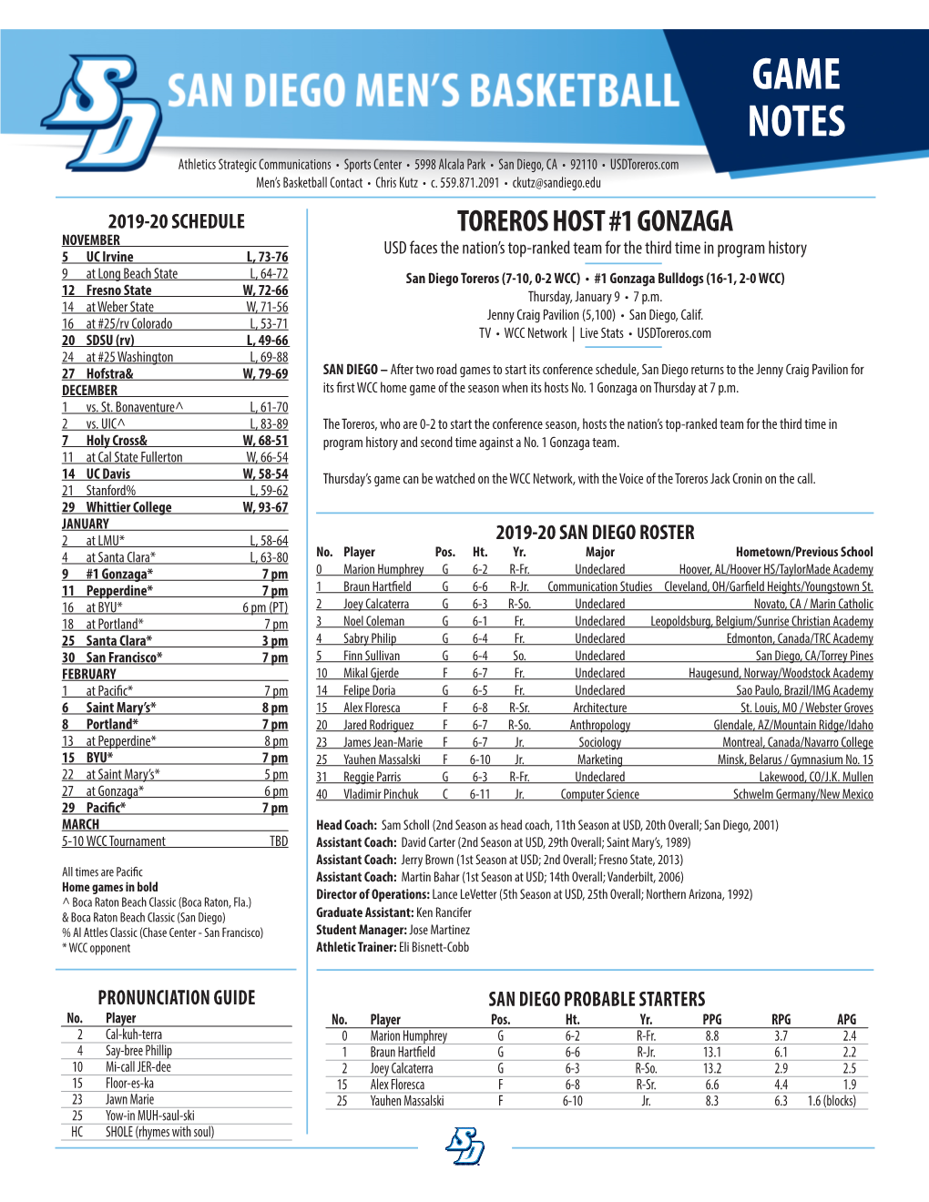 GAME NOTES Athletics Strategic Communications • Sports Center • 5998 Alcala Park • San Diego, CA • 92110 • Usdtoreros.Com Men’S Basketball Contact • Chris Kutz • C