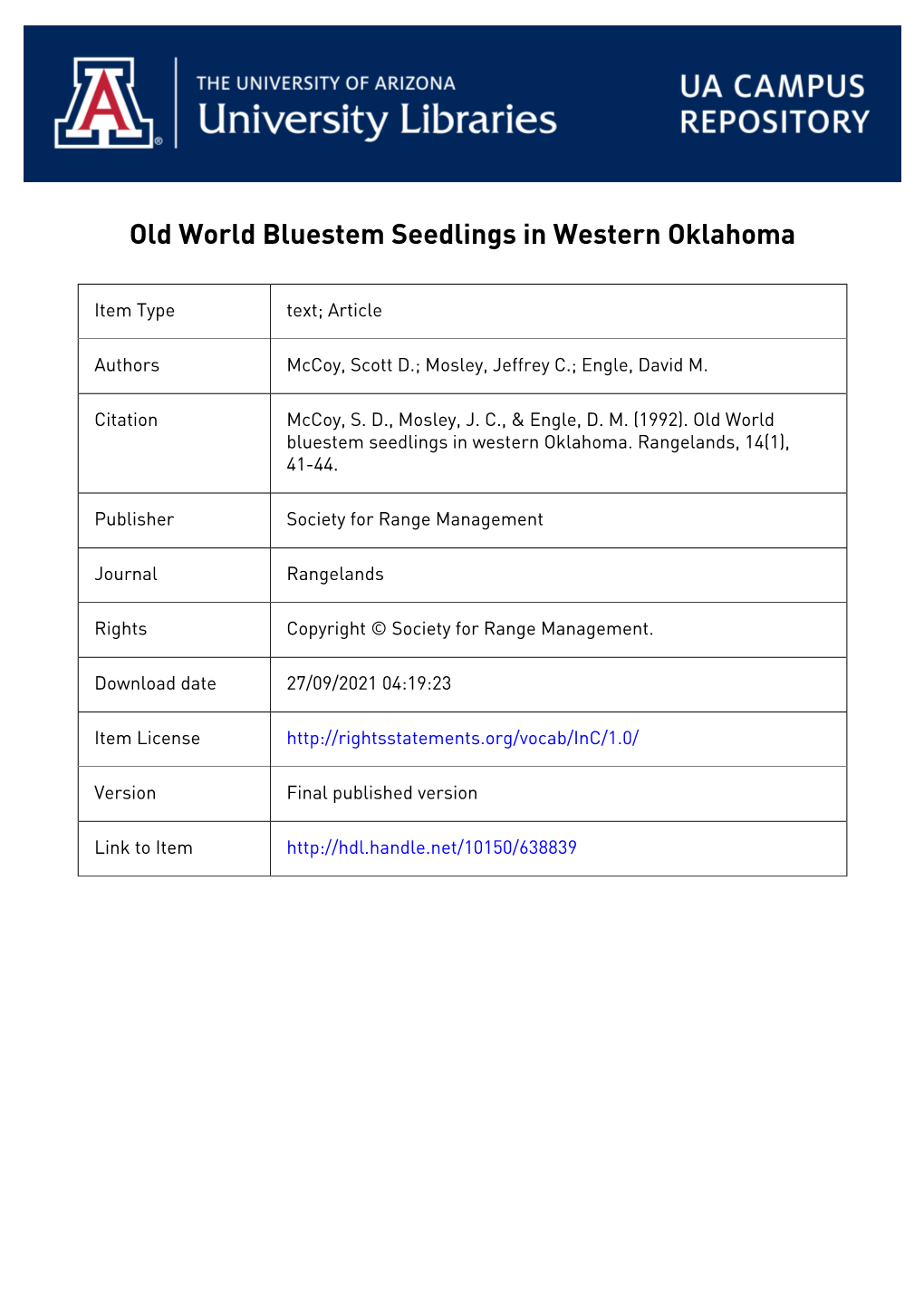 Old World Bluestem Seedings in Western Oklahoma