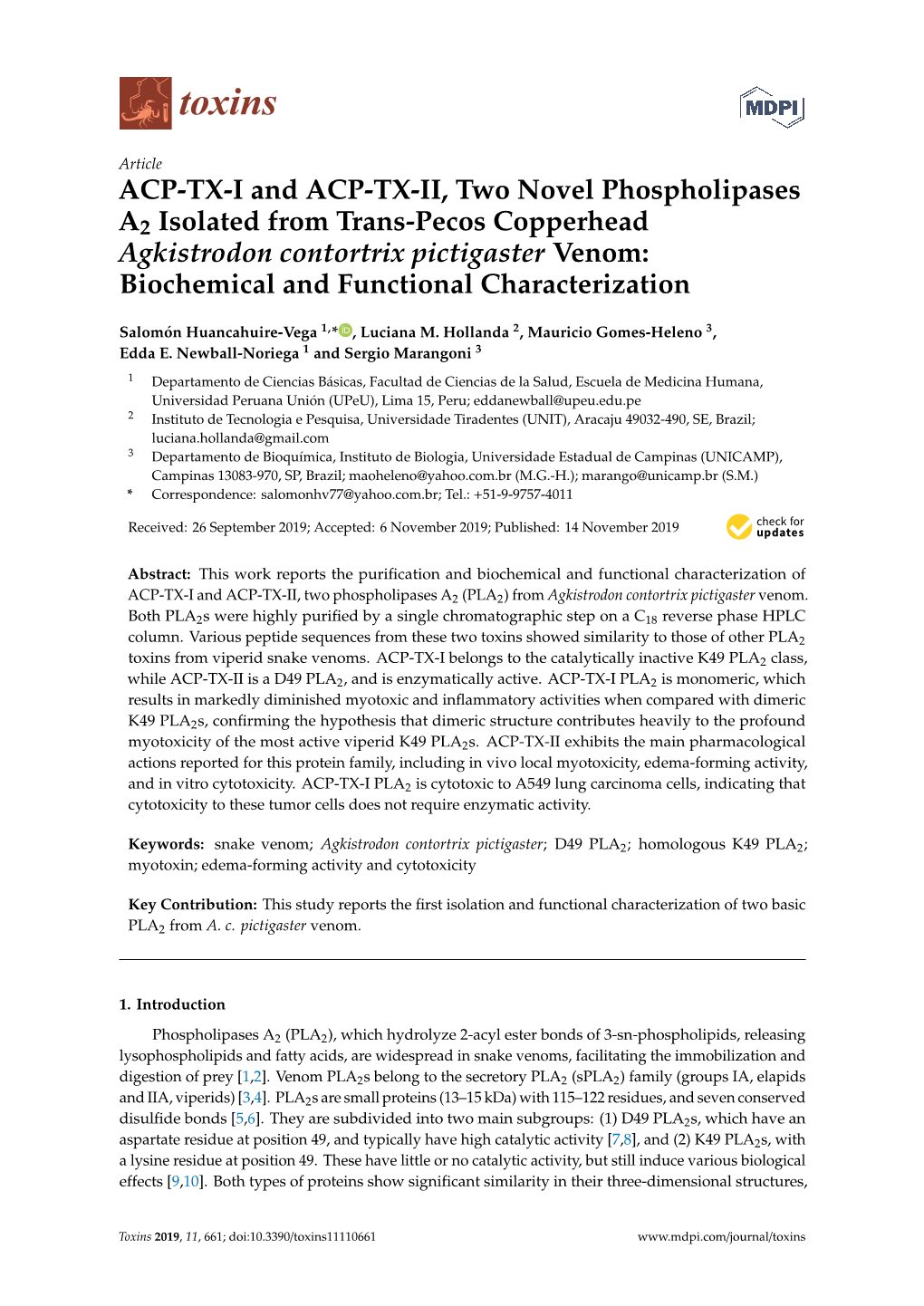 ACP-TX-I and ACP-TX-II, Two Novel Phospholipases A2 Isolated From