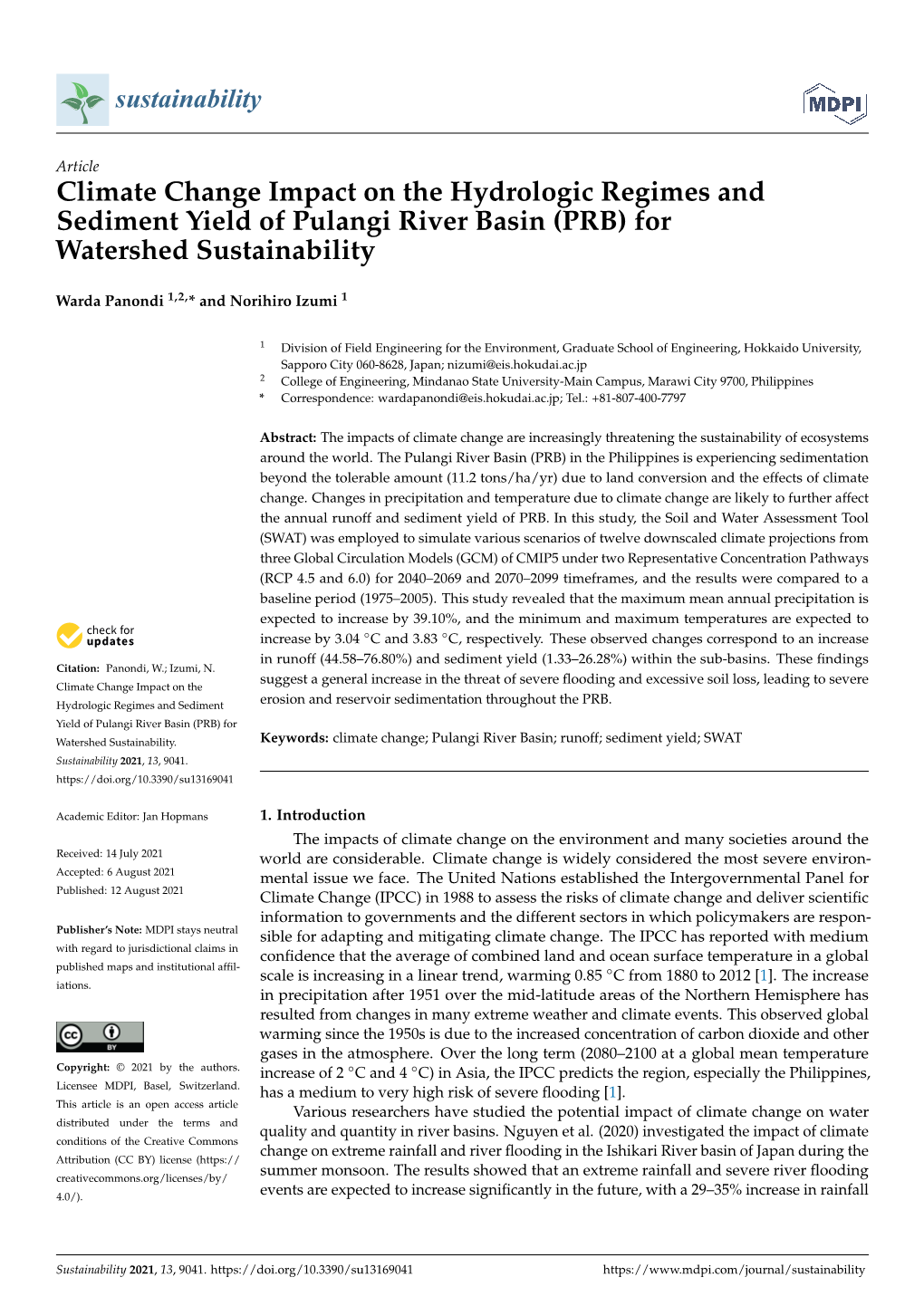 Climate Change Impact on the Hydrologic Regimes and Sediment Yield of Pulangi River Basin (PRB) for Watershed Sustainability