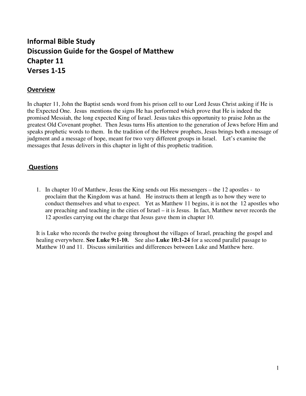 Informal Bible Study Discussion Guide for the Gospel of Matthew Chapter 11 Verses 1-15