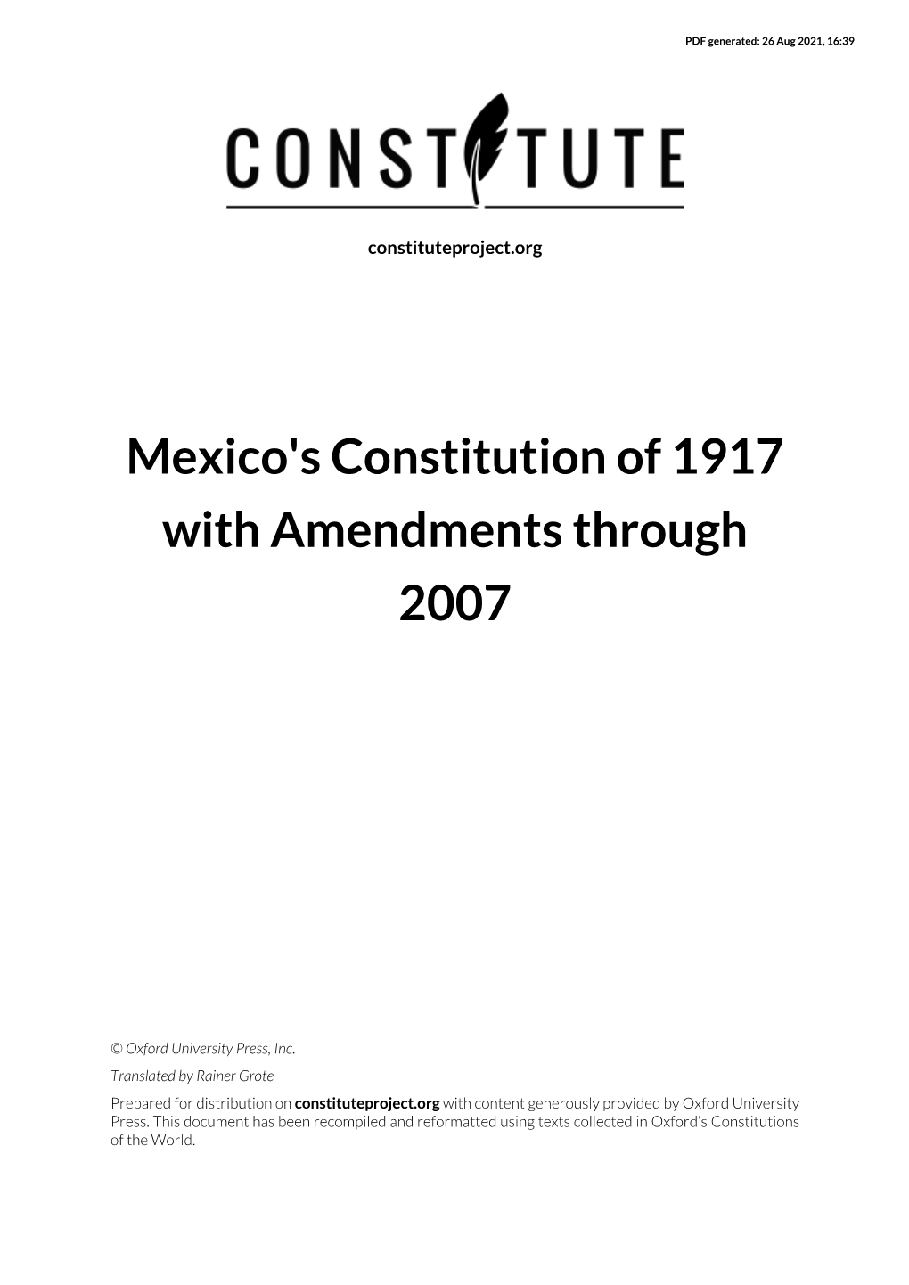 Mexico's Constitution of 1917 with Amendments Through 2007