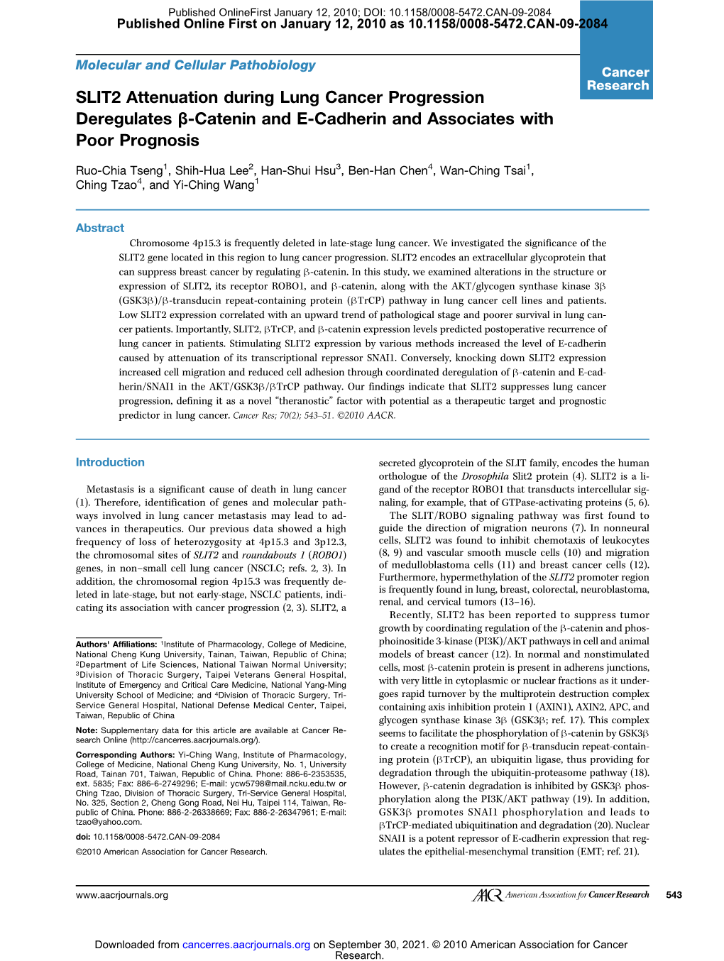 SLIT2 Attenuation During Lung Cancer Progression Deregulates Β-Catenin and E-Cadherin and Associates with Poor Prognosis