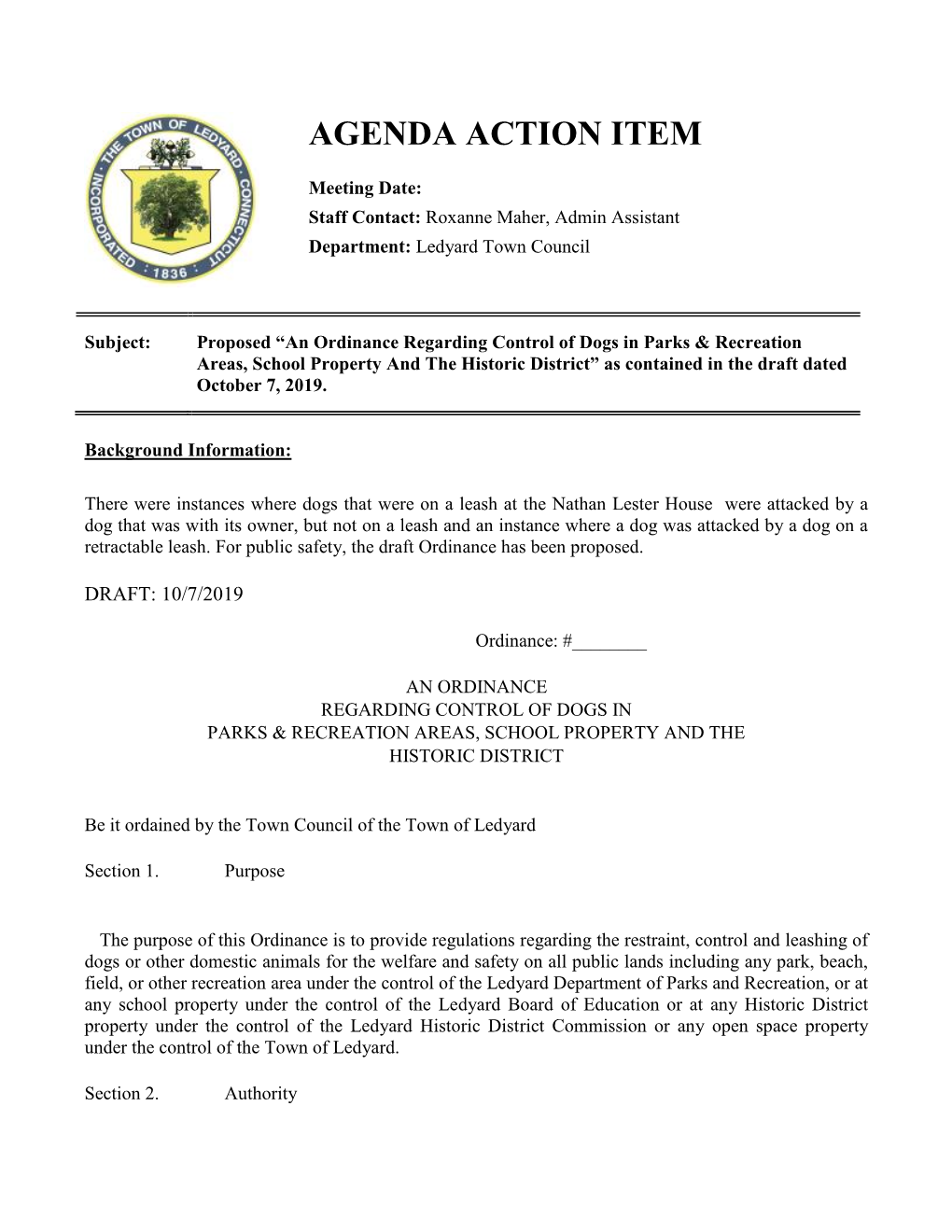 Proposed “An Ordinance Regarding Control of Dogs in Parks & Recreation Areas, School Property and the Historic District”