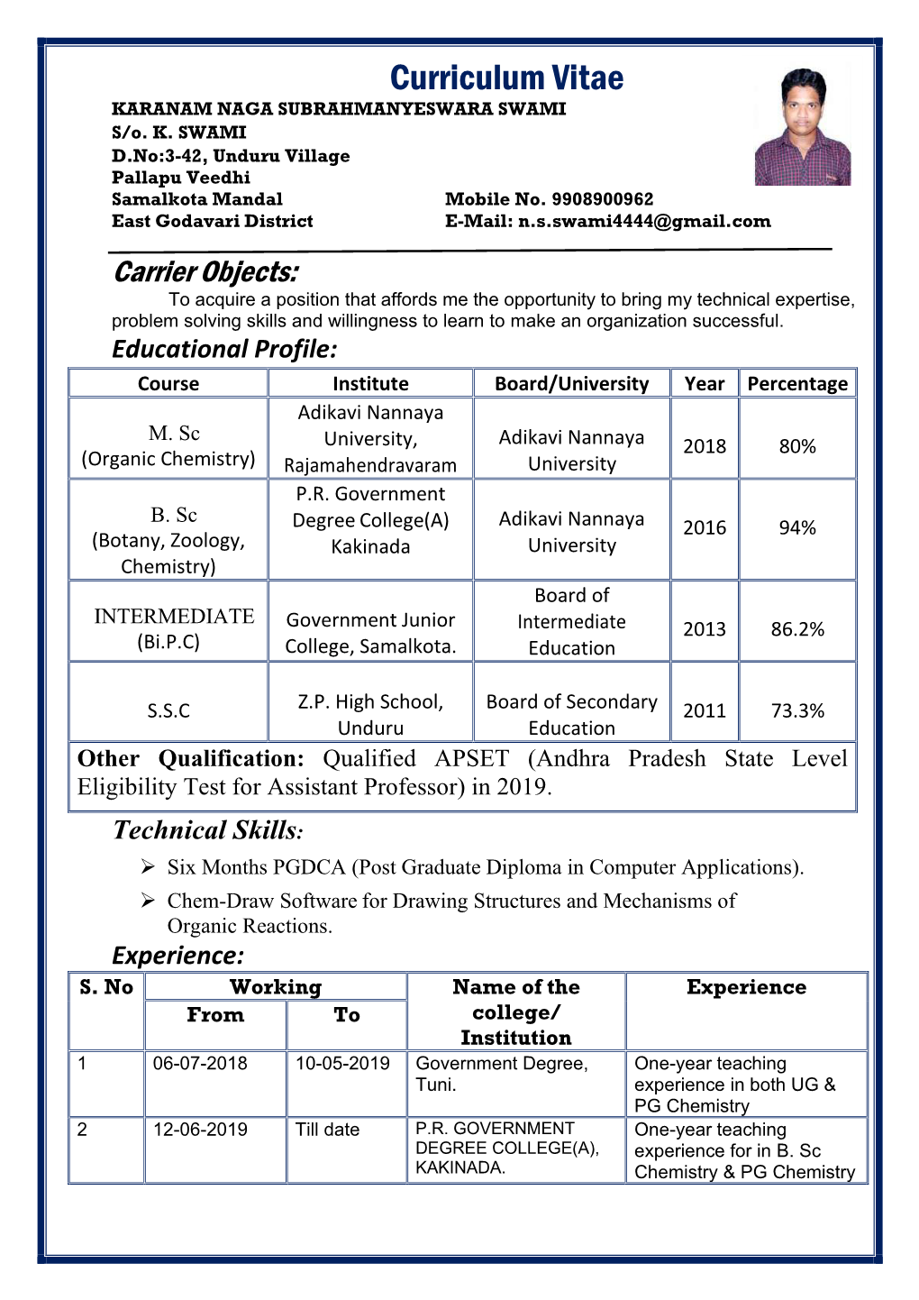 Curriculum Vitae KARANAM NAGA SUBRAHMANYESWARA SWAMI S/O