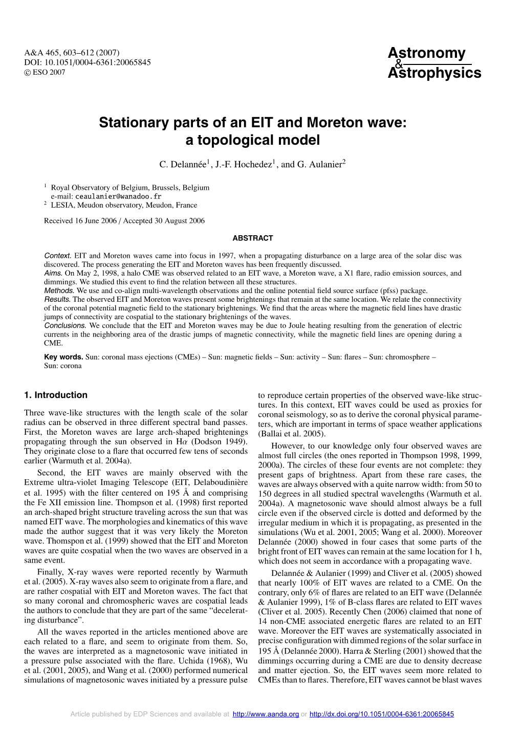 Stationary Parts of an EIT and Moreton Wave: a Topological Model