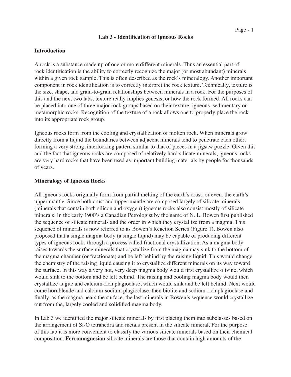 Page - 1 Lab 3 - Identification of Igneous Rocks