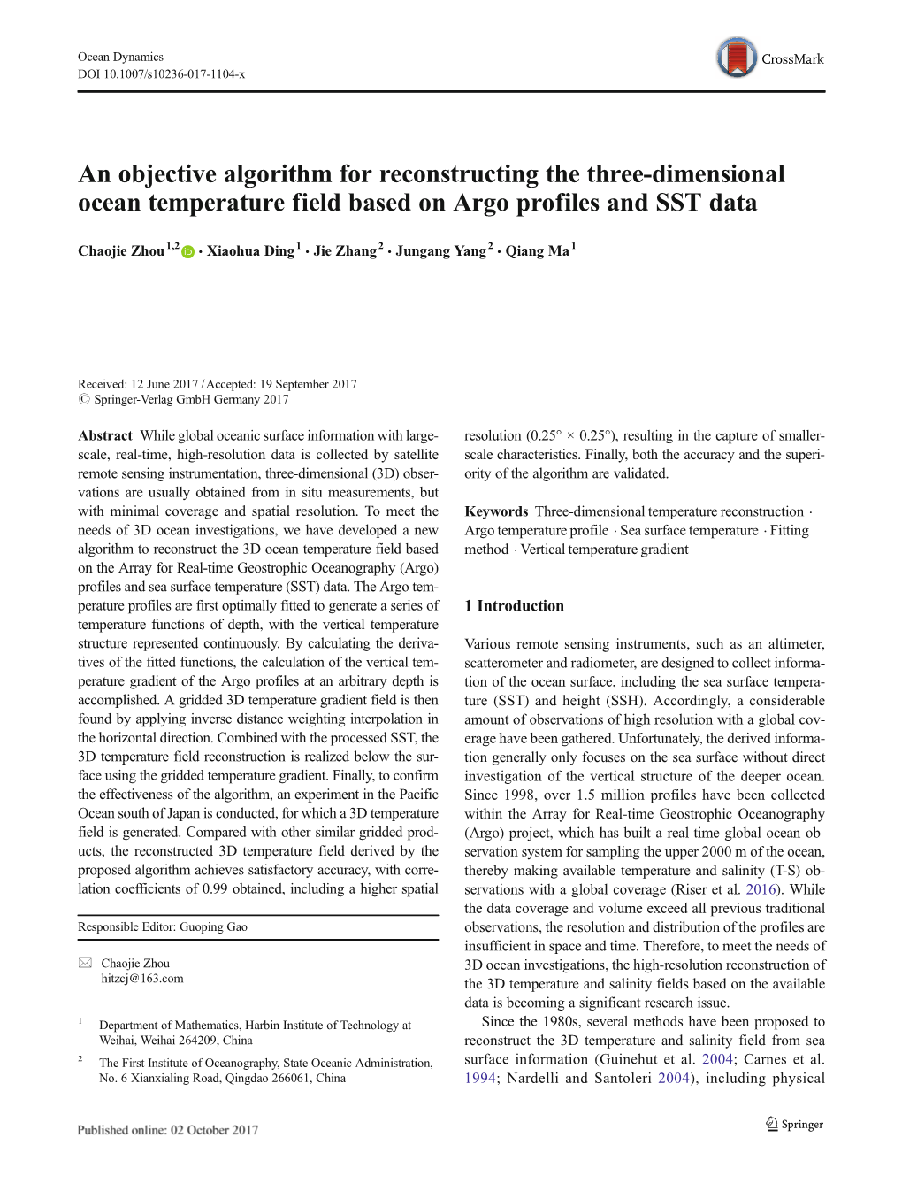 An Objective Algorithm for Reconstructing the Three-Dimensional Ocean Temperature Field Based on Argo Profiles and SST Data