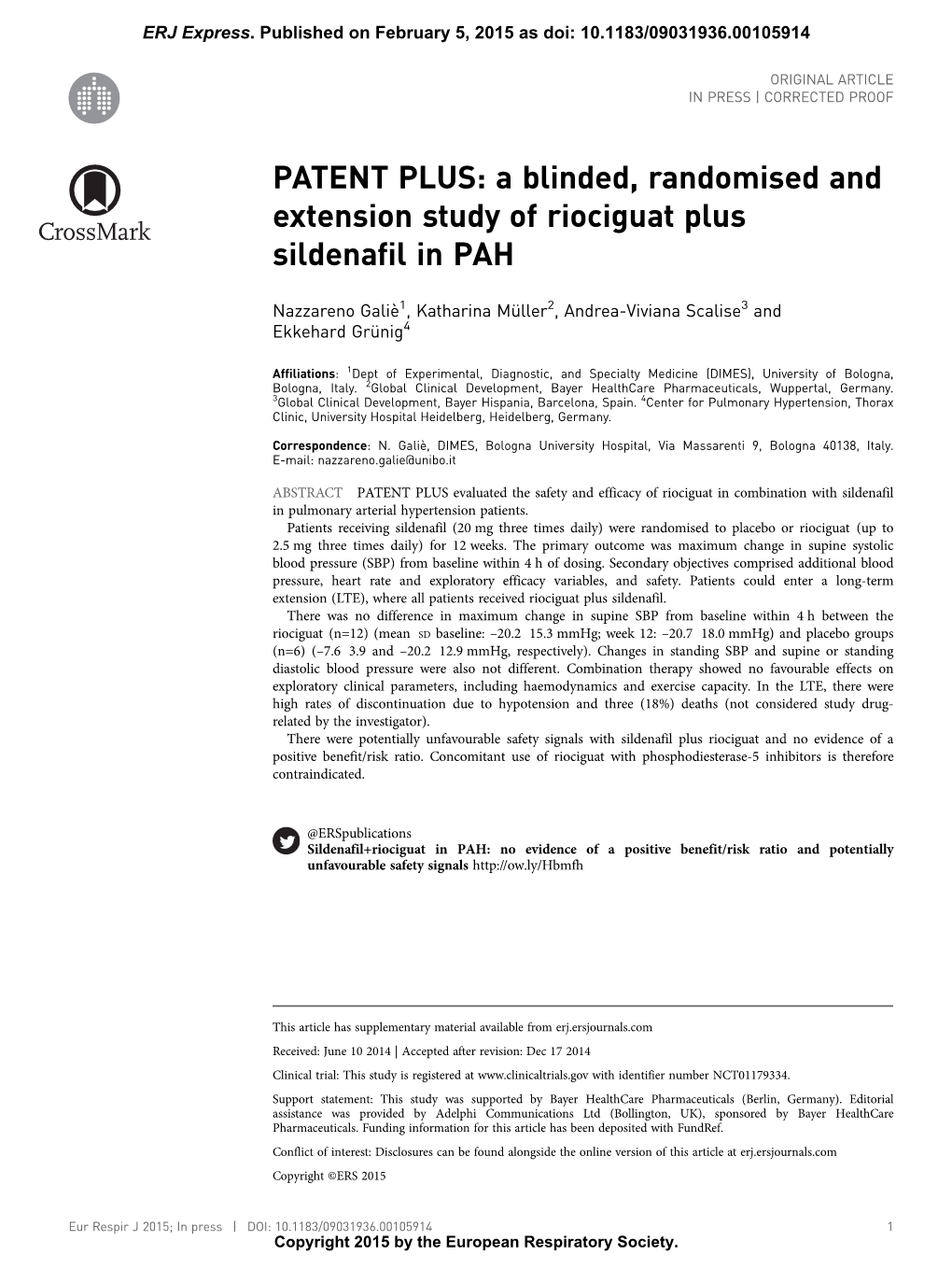 A Blinded, Randomised and Extension Study of Riociguat Plus Sildenafil in PAH