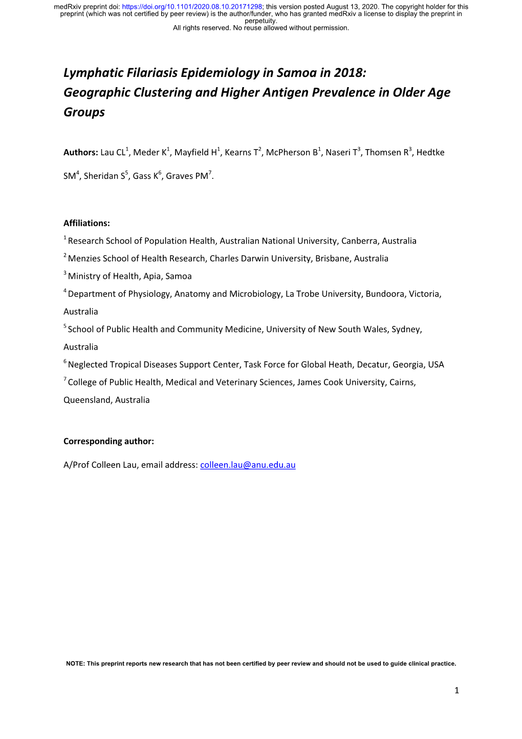 Lymphatic Filariasis Epidemiology in Samoa in 2018: Geographic Clustering and Higher Antigen Prevalence in Older Age Groups