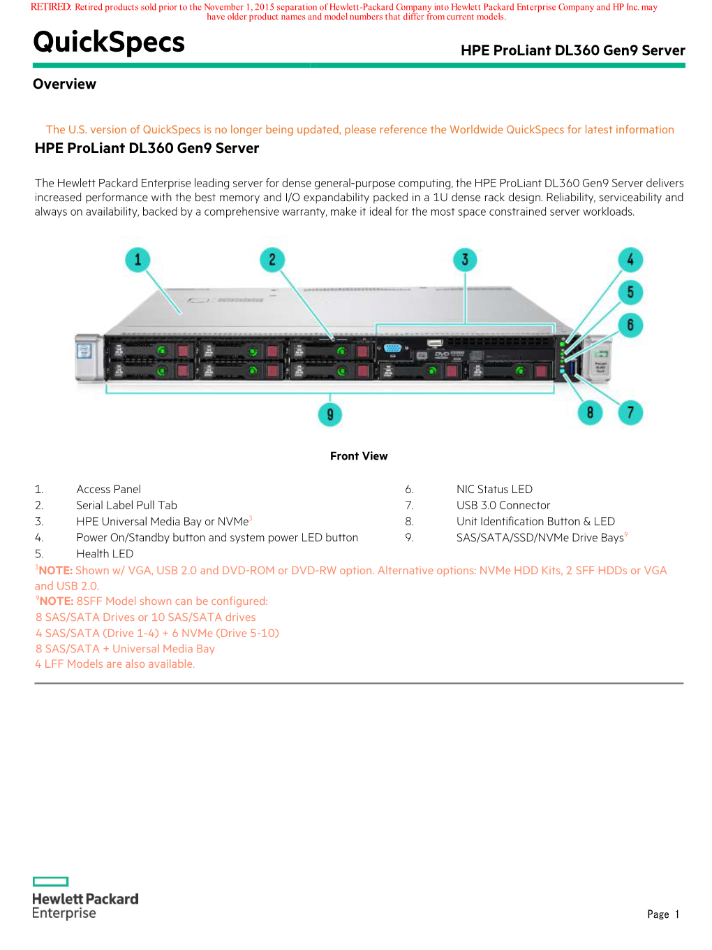 Quickspecs HPE Proliant DL360 Gen9 Server Overview