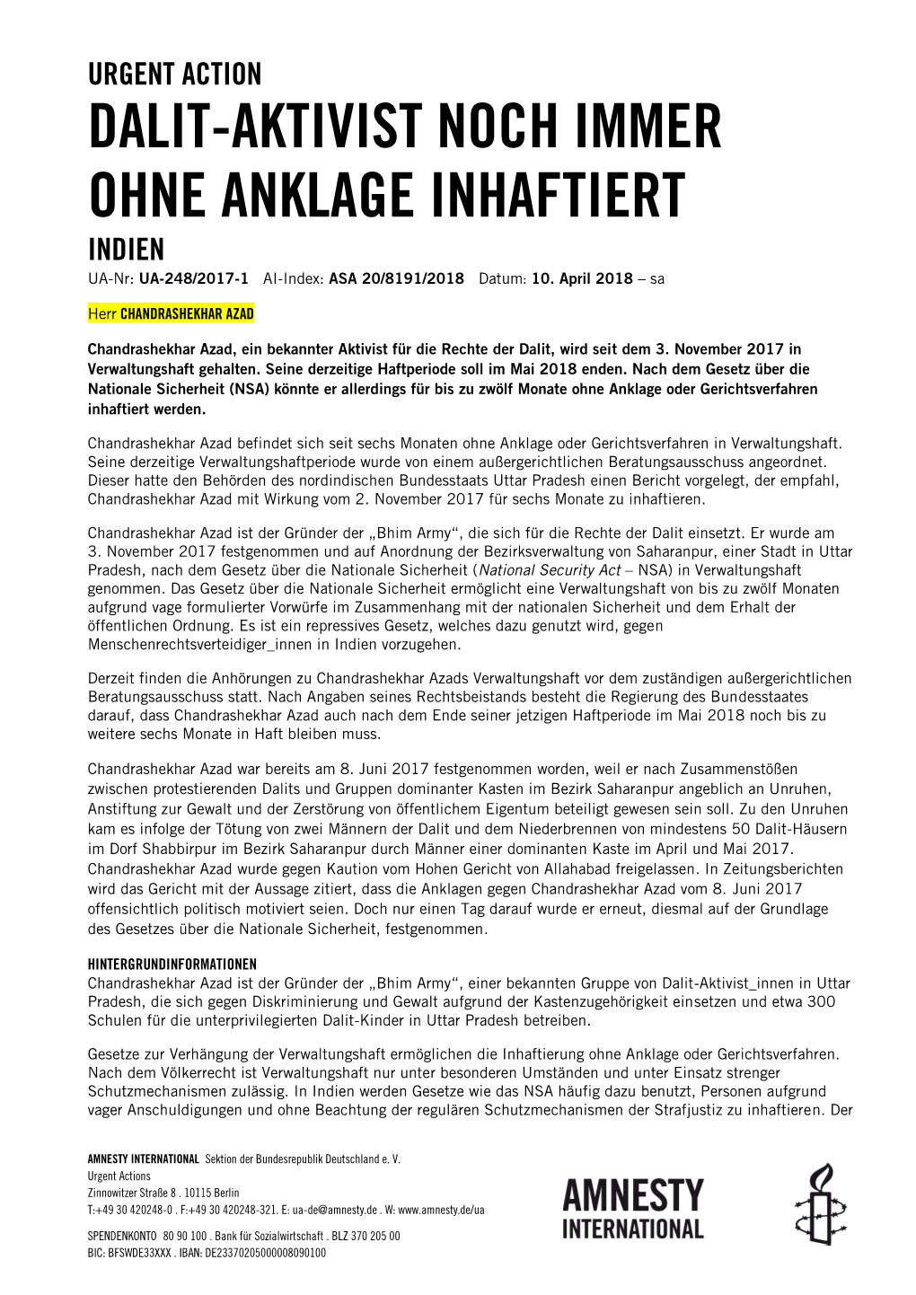 DALIT-AKTIVIST NOCH IMMER OHNE ANKLAGE INHAFTIERT INDIEN UA-Nr: UA-248/2017-1 AI-Index: ASA 20/8191/2018 Datum: 10