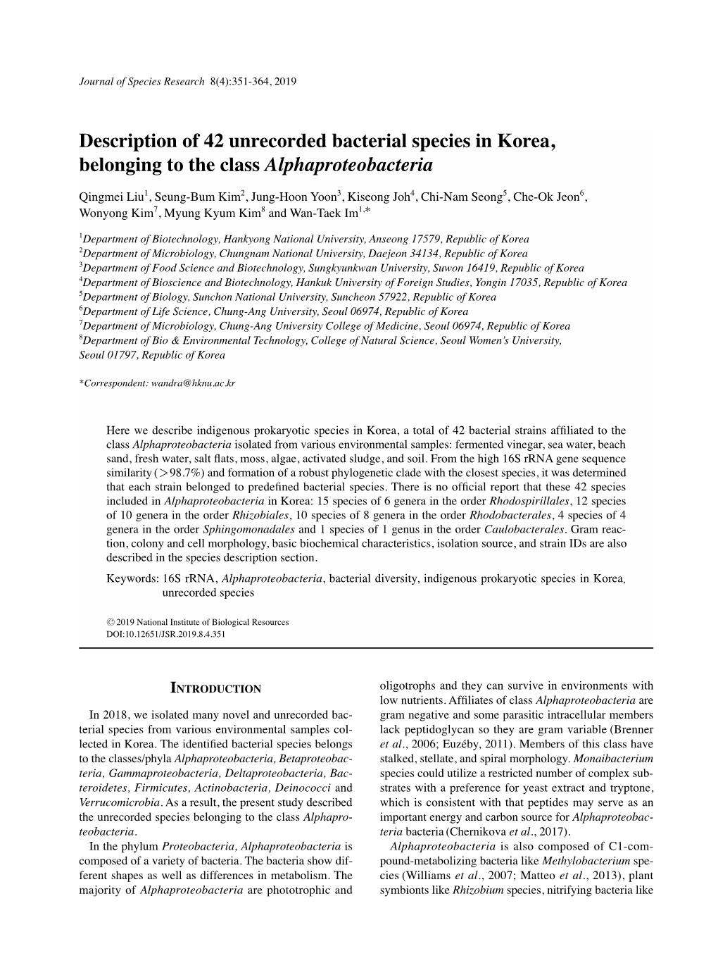 Description of 42 Unrecorded Bacterial Species in Korea, Belonging to the Class Alphaproteobacteria