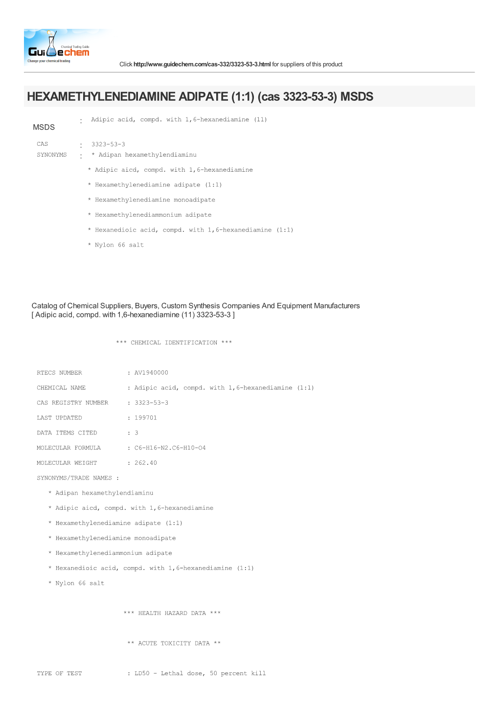 HEXAMETHYLENEDIAMINE ADIPATE (1:1) (Cas 3323-53-3) MSDS