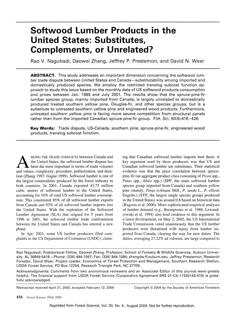 Softwood Lumber Products in the United States: Substitutes, Complements, Or Unrelated? Rao V