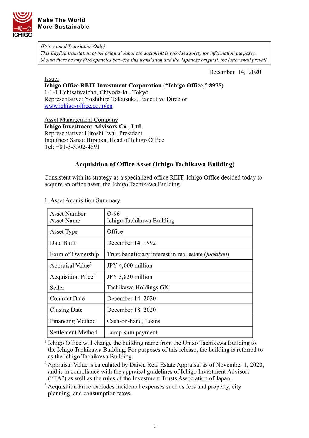 Acquisition of Office Asset (Ichigo Tachikawa Building)