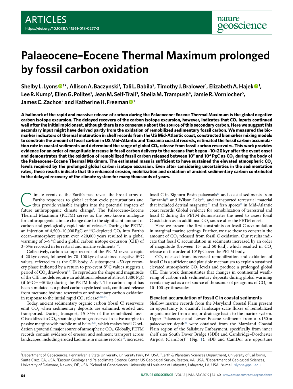 Palaeocene–Eocene Thermal Maximum Prolonged by Fossil Carbon Oxidation