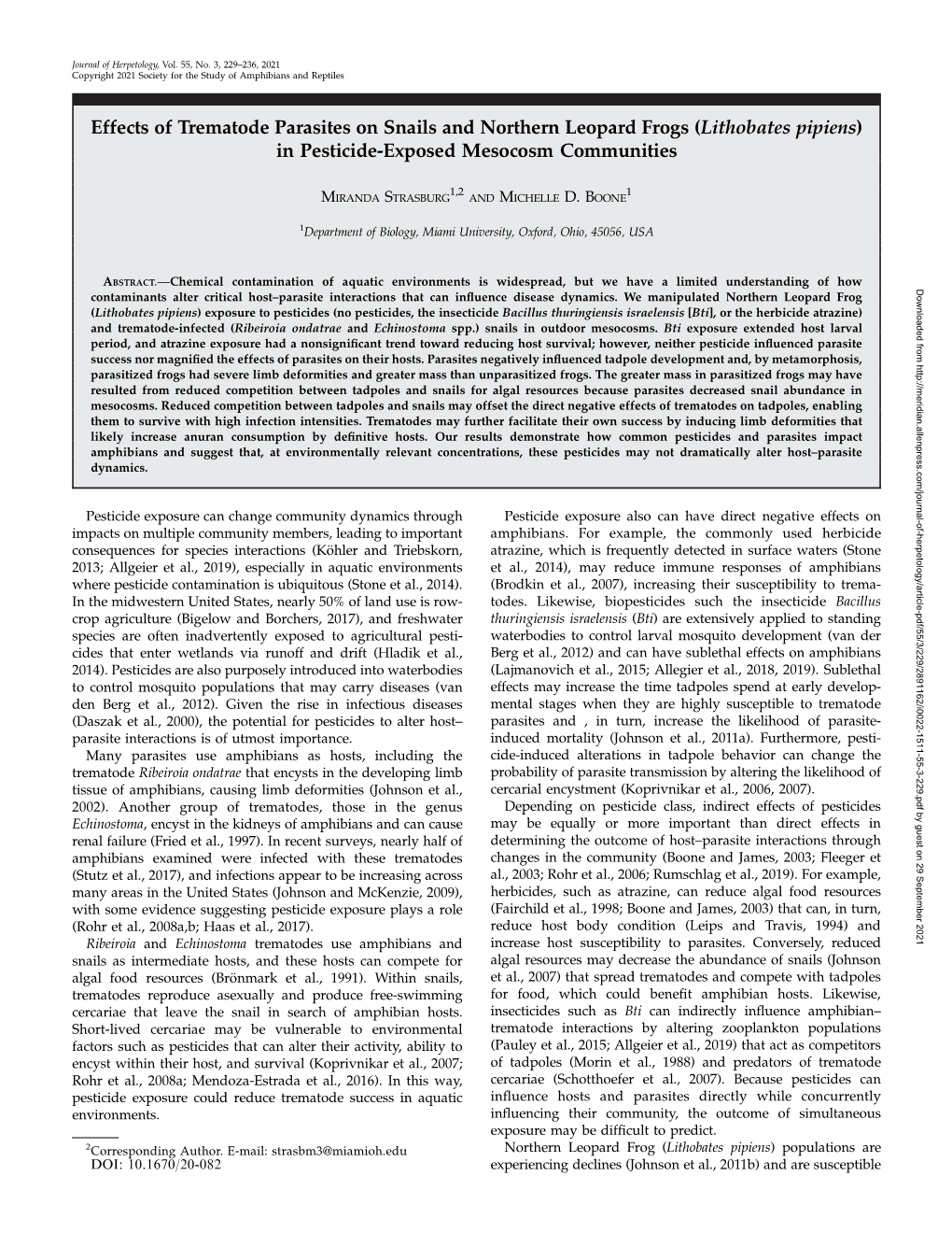 Effects of Trematode Parasites on Snails and Northern Leopard Frogs (Lithobates Pipiens) in Pesticide-Exposed Mesocosm Communities