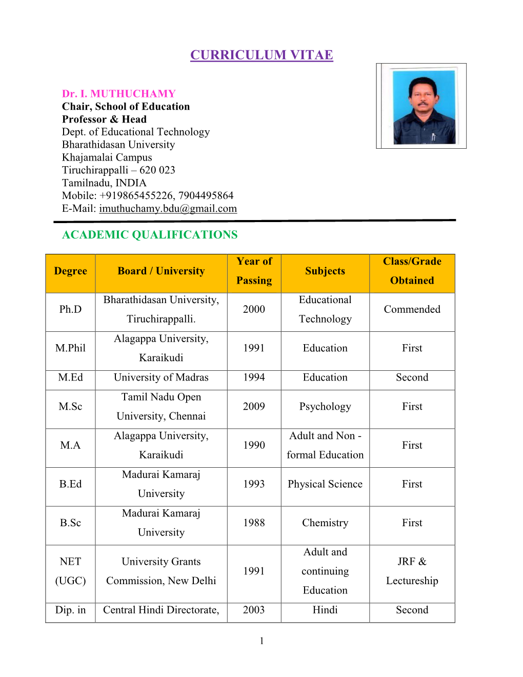 Dr. I. Muthuchamy Professor & Head Chair, School of Education