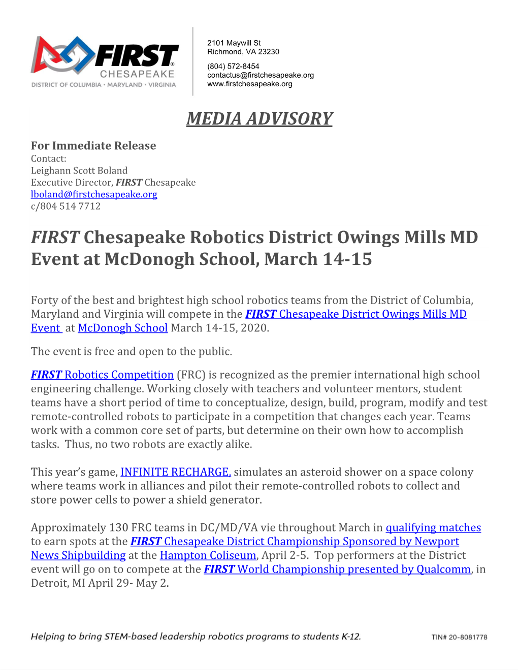 MEDIA ADVISORY FIRST Chesapeake Robotics District Owings Mills MD Event at Mcdonogh School, March 14-15