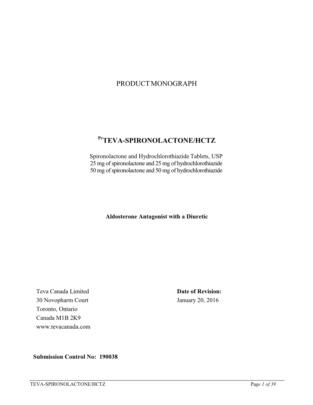 PRODUCT MONOGRAPH Prteva-SPIRONOLACTONE/HCTZ