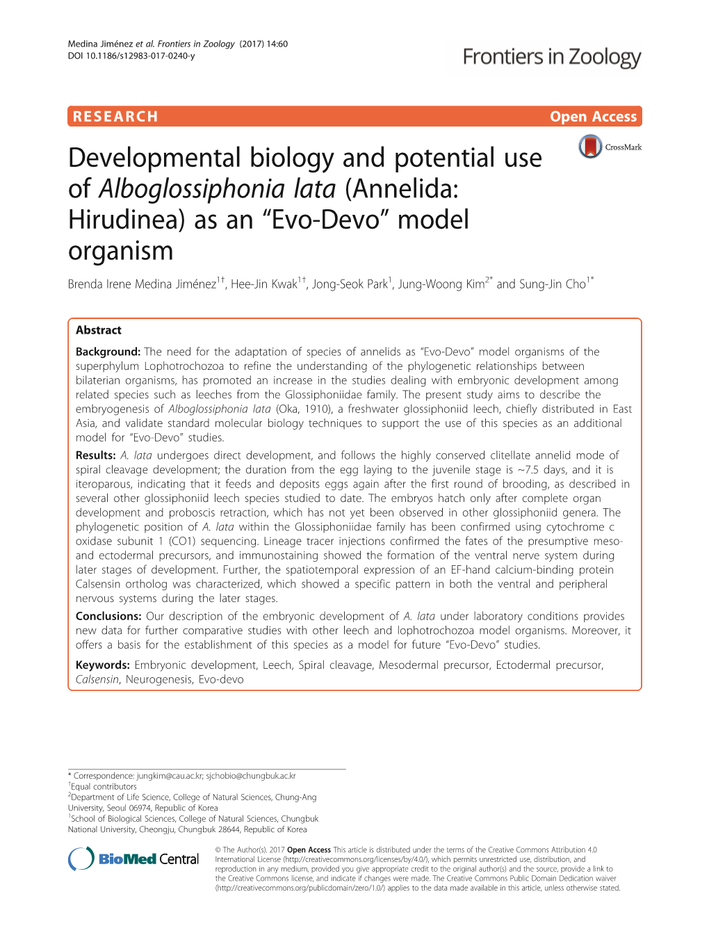 Evo-Devo” Model Organism Brenda Irene Medina Jiménez1†, Hee-Jin Kwak1†, Jong-Seok Park1, Jung-Woong Kim2* and Sung-Jin Cho1*