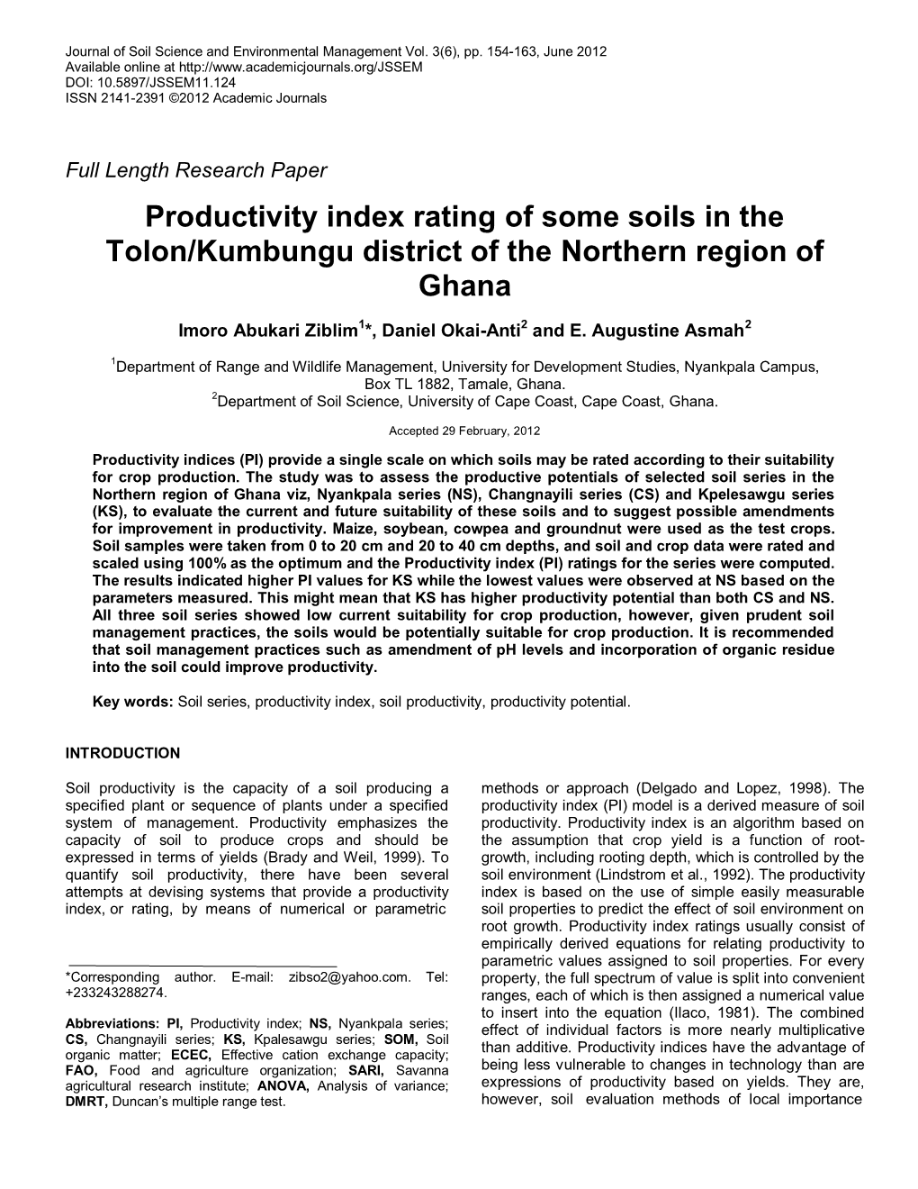 Productivity Index Rating of Some Soils in the Tolon/Kumbungu District of the Northern Region of Ghana