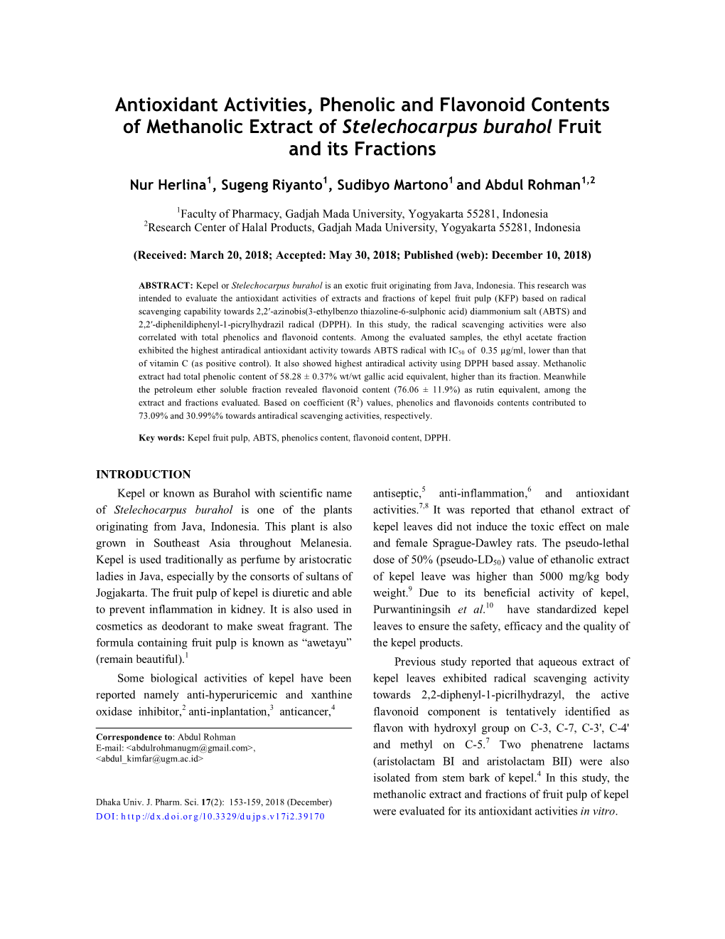 Antioxidant Activities, Phenolic and Flavonoid Contents of Methanolic Extract of Stelechocarpus Burahol Fruit and Its Fractions