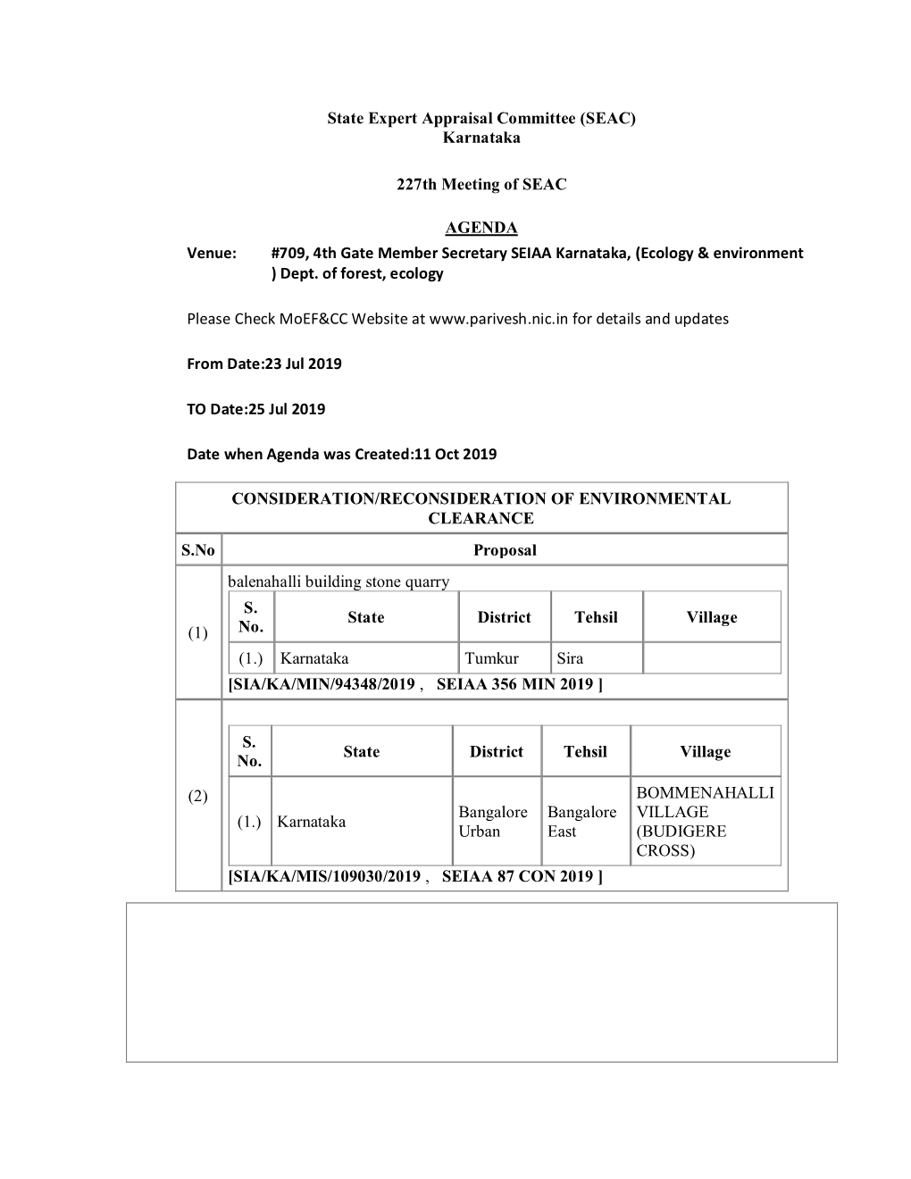 State Expert Appraisal Committee (SEAC) Karnataka 227Th Meeting Of