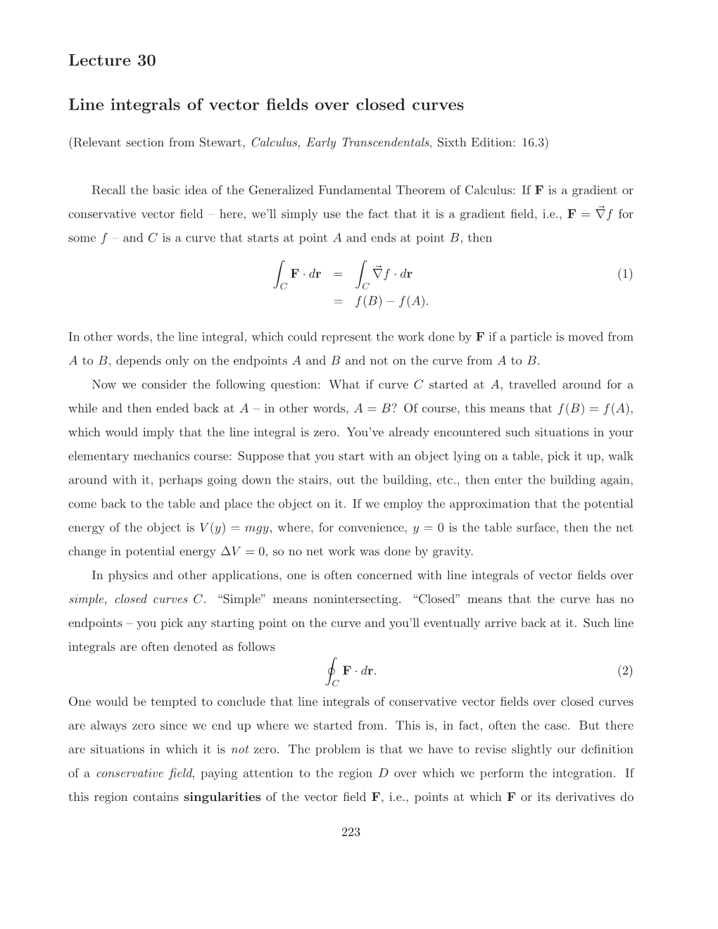 Lecture 30 Line Integrals of Vector Fields Over Closed Curves