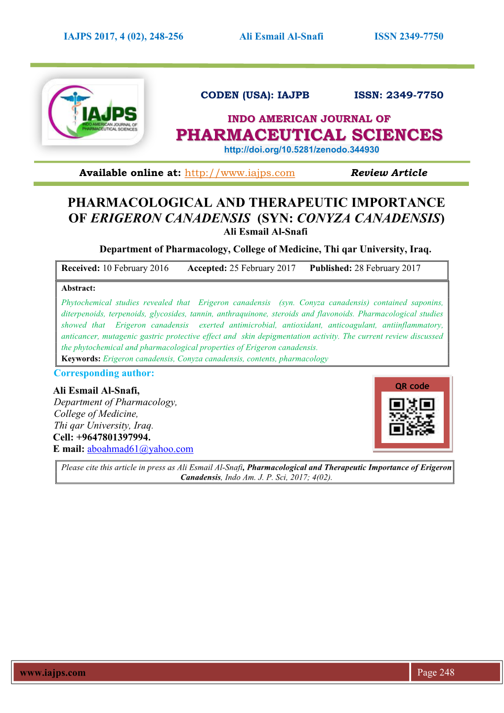 SYN: CONYZA CANADENSIS) Ali Esmail Al-Snafi Department of Pharmacology, College of Medicine, Thi Qar University, Iraq