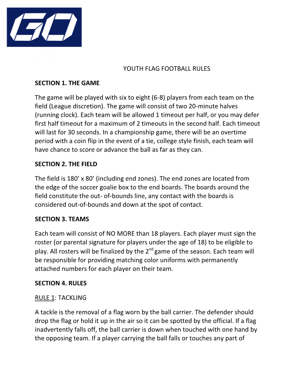 Youth Flag Football Rules Section 1